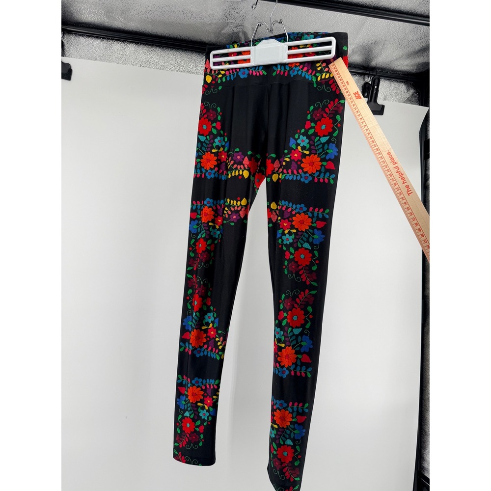 GOLDSHEEP Floral Leggings Black Multi Color Embroidery Print Yoga Pants L
